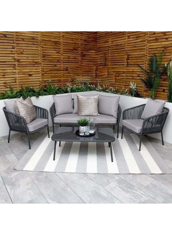 طقم جلوس خارجي من الحبال، أريكة وكرسيان وطاولة، إطار معدني، وسائد من قماش الجاكار، مقاوم للعوامل الجوية، مناسب للفناء والحديقة والشرفة والتراس، أثاث خارجي عصري وأنيق